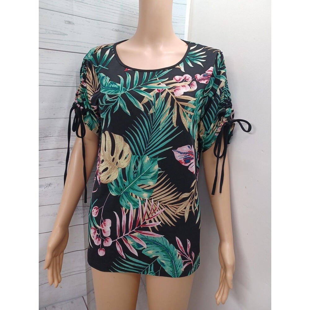 Lavish Womens Black Ruched Short Sleeve Top Floral Tropical Sz L